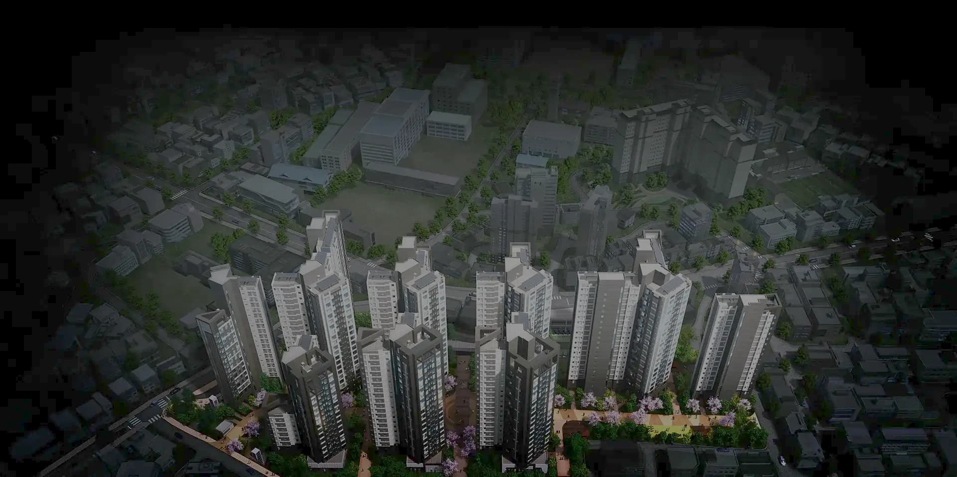 광진 벨라듀 단지 야경 조감 — 지상 20층 10개동 683세대